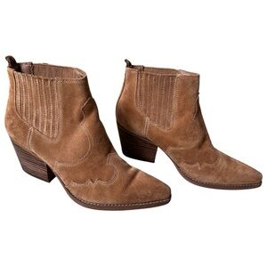 Sam Edelman western suede ankle booties – tan/camel, pointed toe, block heel, 8.